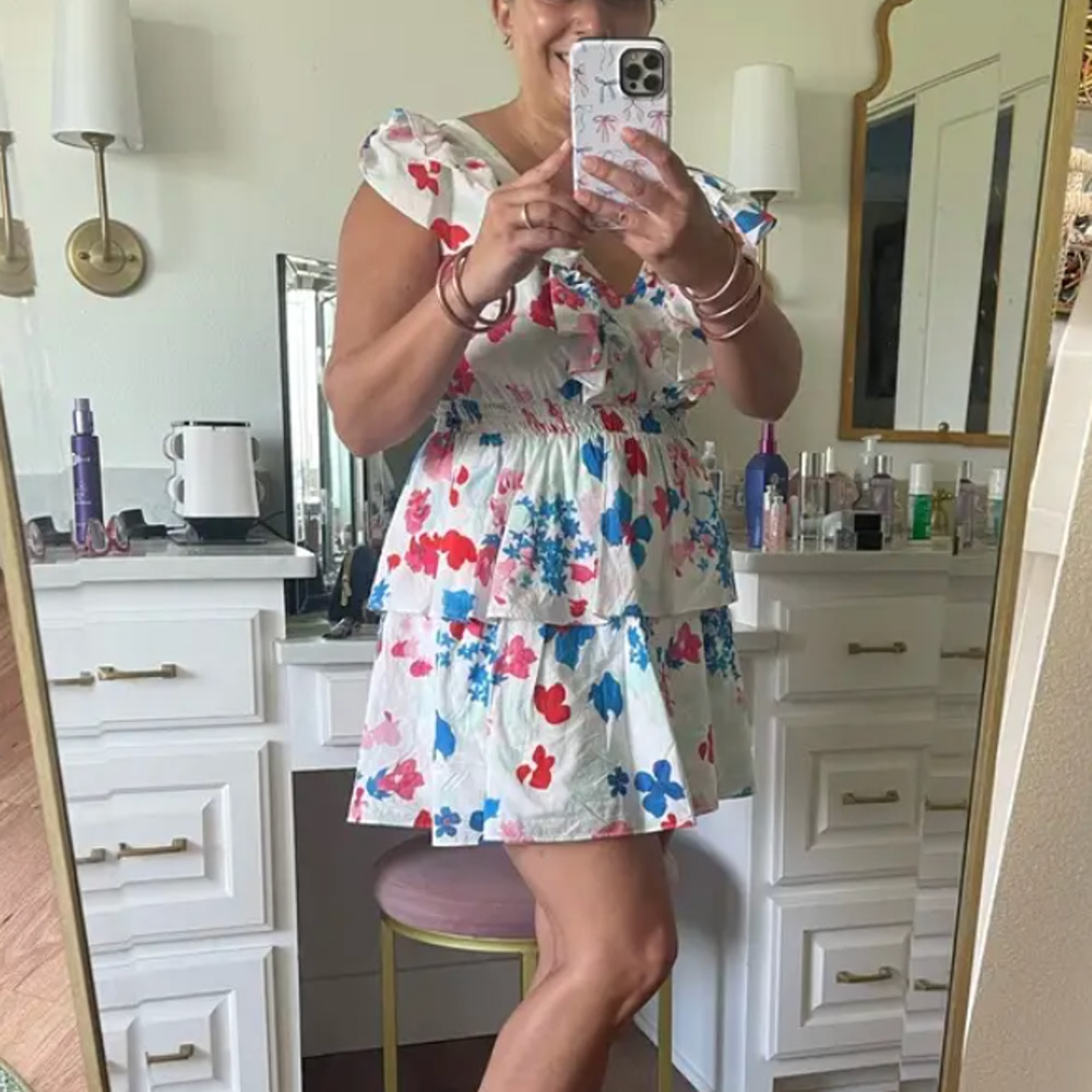 Peter Som Red White Blue Mini Dress SIZE 14 Cotton Ruffle Cottage Designer $355 - Picture 4 of 16